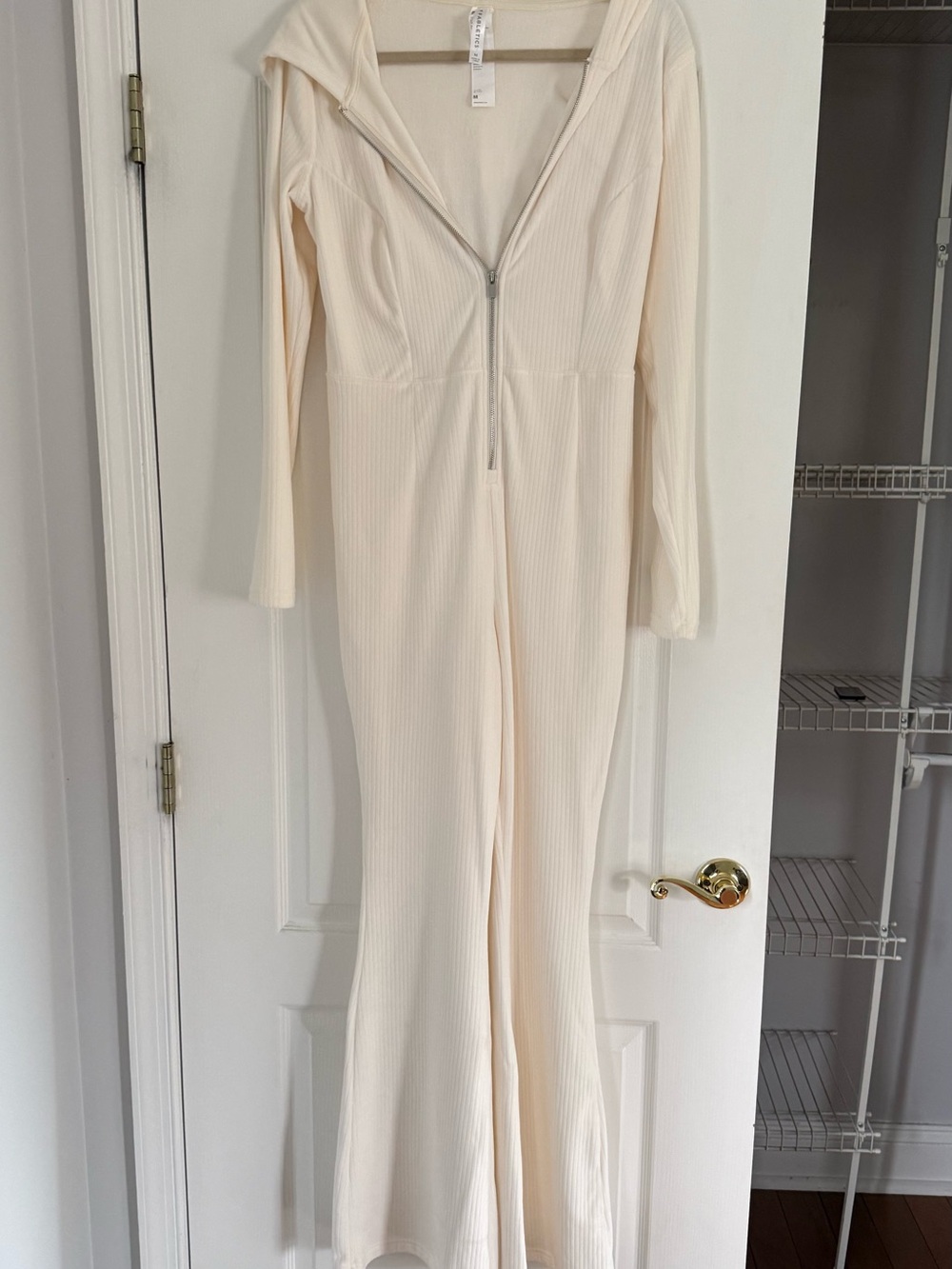 Fabletics Cream Ribbed Zip-Front Hooded Jumpsuit